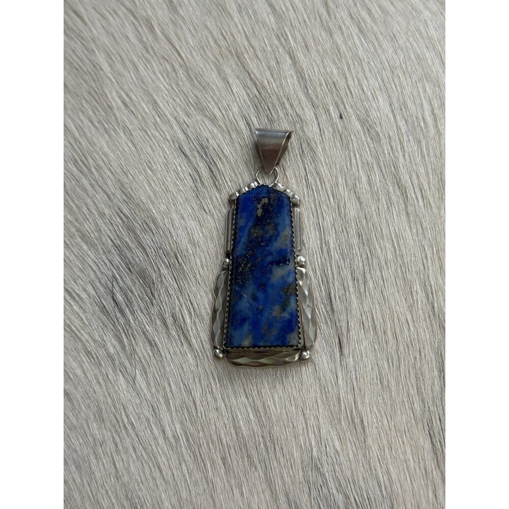 Zuni New Mexico Sterling Silver K. C. Signed Huge Lapis Lazuli Long Pendant - Picture 2 of 12